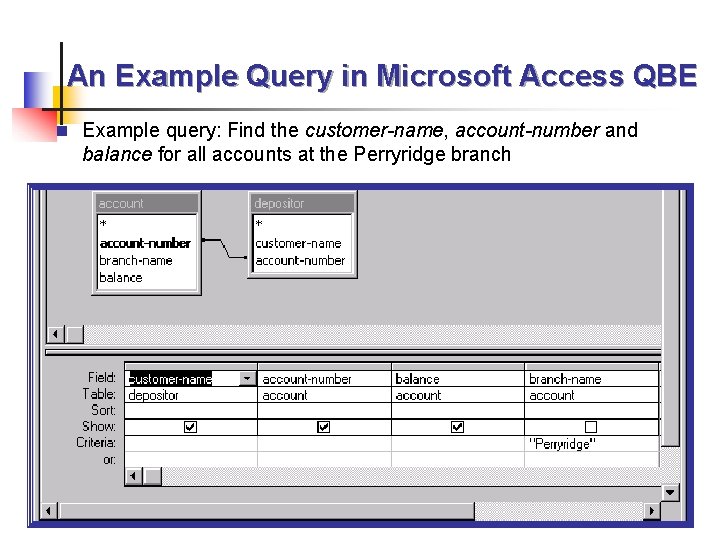 An Example Query in Microsoft Access QBE n Example query: Find the customer-name, account-number