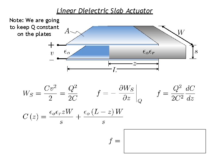 Linear Dielectric Slab Actuator Note: We are going to keep Q constant on the
