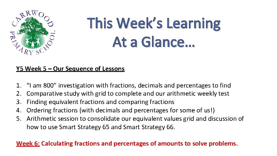 This Week’s Learning At a Glance… Y 5 Week 5 – Our Sequence of