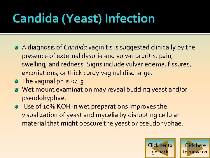 Candida (Yeast) Infection A diagnosis of Candida vaginitis is suggested clinically by the presence