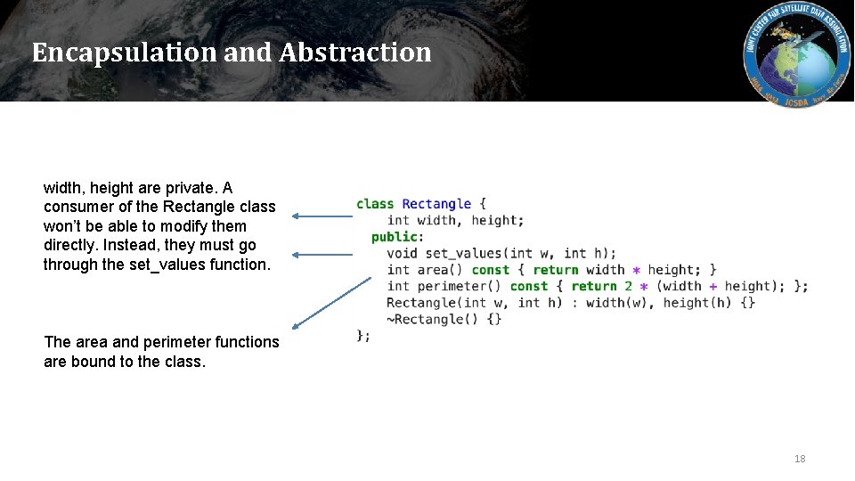 Encapsulation and Abstraction width, height are private. A consumer of the Rectangle class won’t