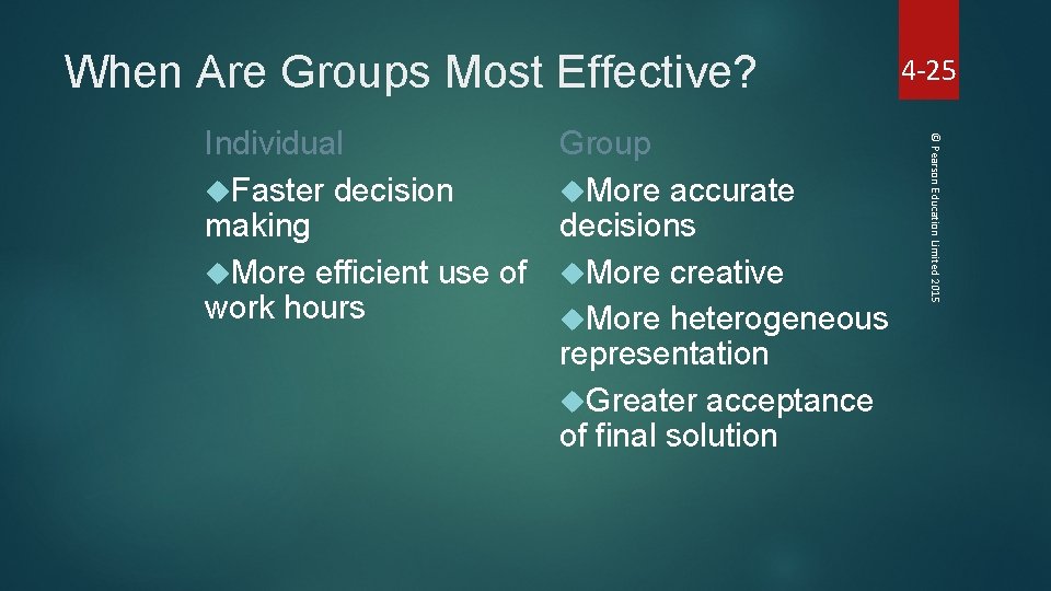 When Are Groups Most Effective? Group More accurate decisions More creative More heterogeneous representation