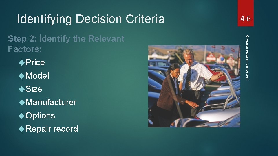 Identifying Decision Criteria Price Model Size Manufacturer Options Repair record © Pearson Education Limited