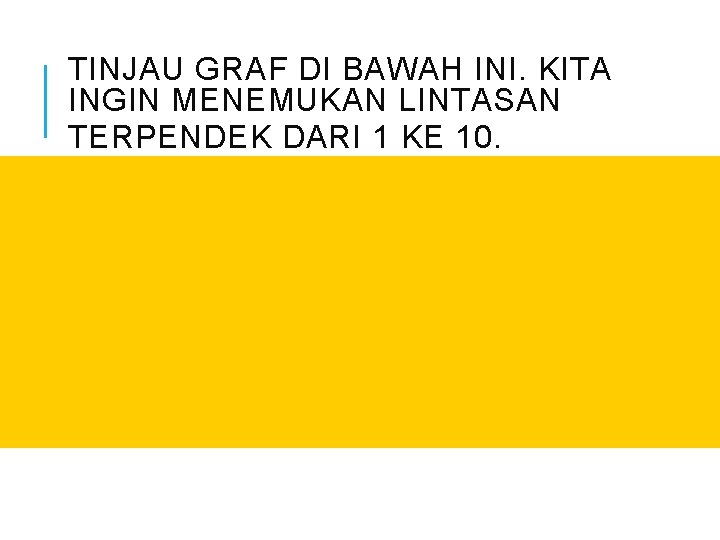 TINJAU GRAF DI BAWAH INI. KITA INGIN MENEMUKAN LINTASAN TERPENDEK DARI 1 KE 10.