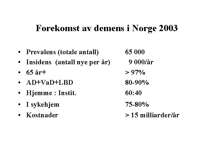 Forekomst av demens i Norge 2003 • • • Prevalens (totale antall) Insidens (antall