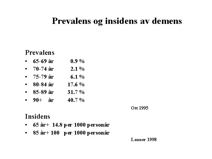 Prevalens og insidens av demens Prevalens • • • 65 -69 år 70 -74