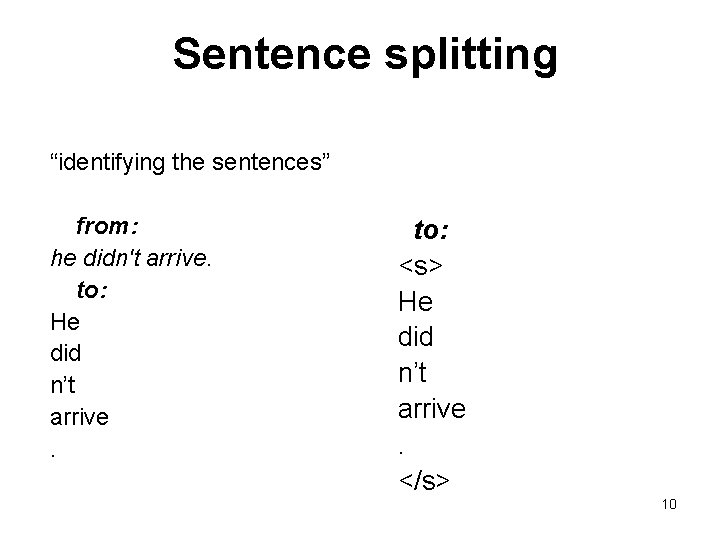 Sentence splitting “identifying the sentences” from: he didn't arrive. to: He did n’t arrive.