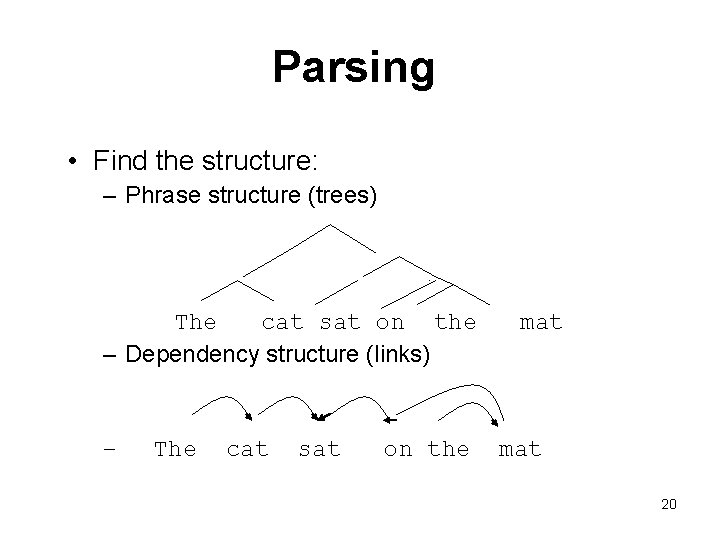 Parsing • Find the structure: – Phrase structure (trees) The cat sat on the