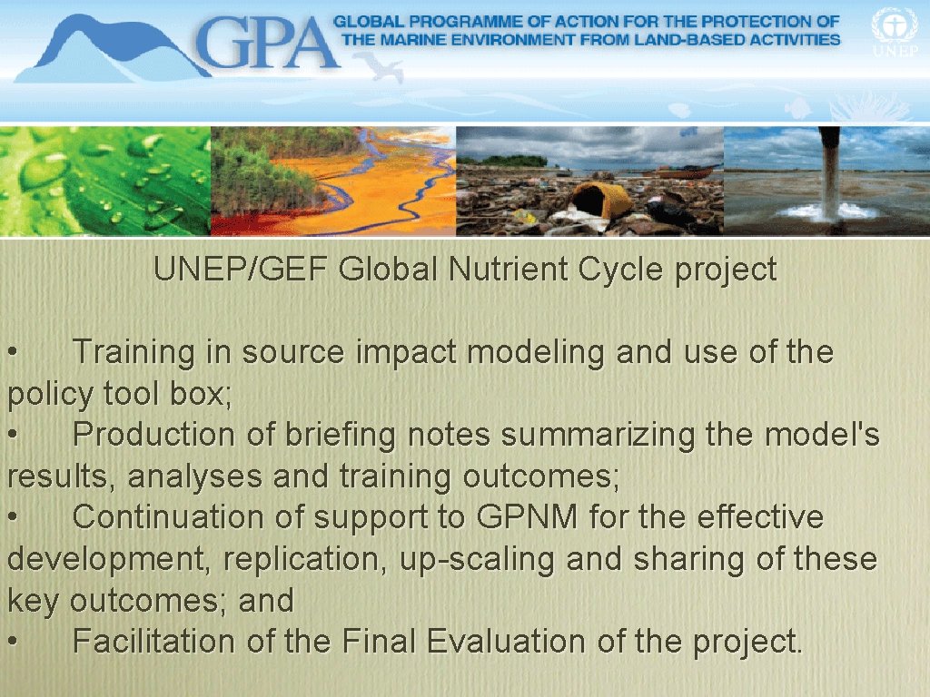 UNEP/GEF Global Nutrient Cycle project • Training in source impact modeling and use of