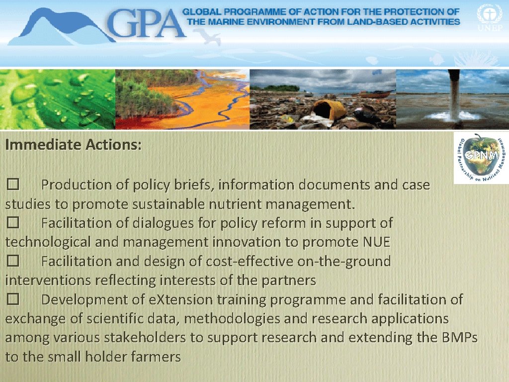 Immediate Actions: � Production of policy briefs, information documents and case studies to promote