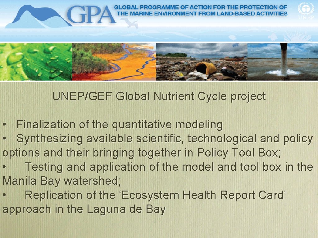 UNEP/GEF Global Nutrient Cycle project • Finalization of the quantitative modeling • Synthesizing available