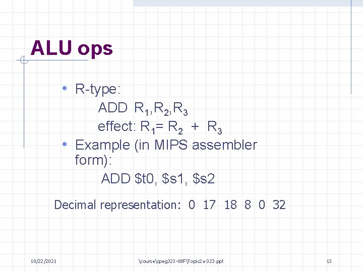ALU ops • R-type: ADD R 1, R 2, R 3 effect: R 1=