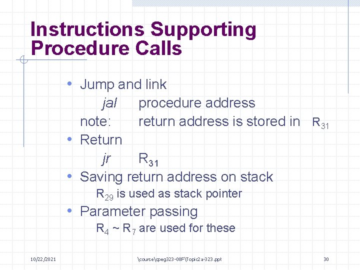 Instructions Supporting Procedure Calls • Jump and link jal procedure address note: return address