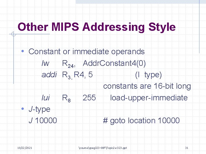 Other MIPS Addressing Style • Constant or immediate operands lw R 24, Addr. Constant