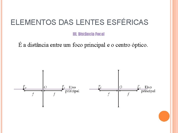 ELEMENTOS DAS LENTES ESFÉRICAS É a distância entre um foco principal e o centro