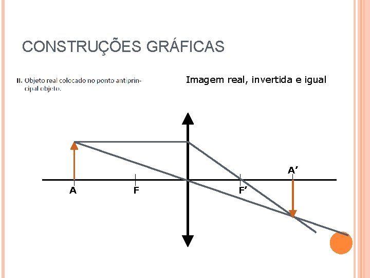 CONSTRUÇÕES GRÁFICAS Imagem real, invertida e igual A’ A F F’ 