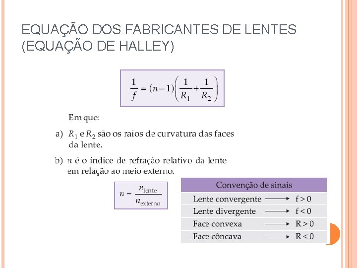 EQUAÇÃO DOS FABRICANTES DE LENTES (EQUAÇÃO DE HALLEY) EQUAÇÃO DOS FABRICANTES DE LENTES (EQUAÇÃO DE HALLEY)