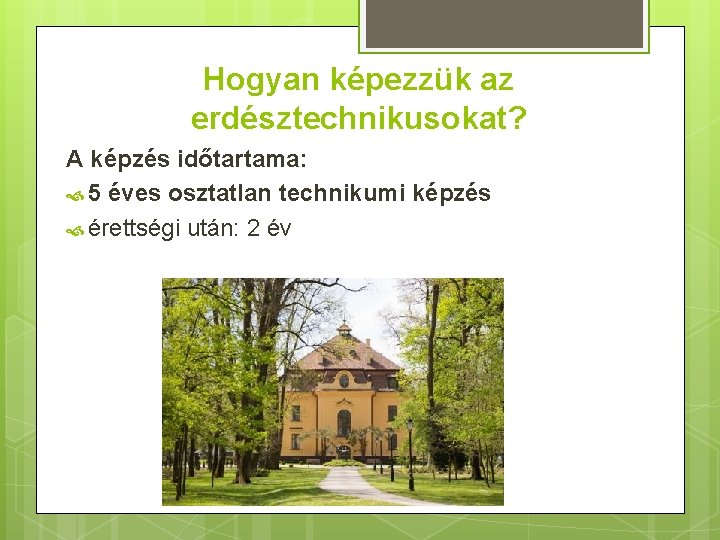 Hogyan képezzük az erdésztechnikusokat? A képzés időtartama: 5 éves osztatlan technikumi képzés érettségi után: