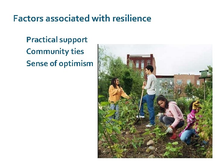 Factors associated with resilience Practical support Community ties Sense of optimism 
