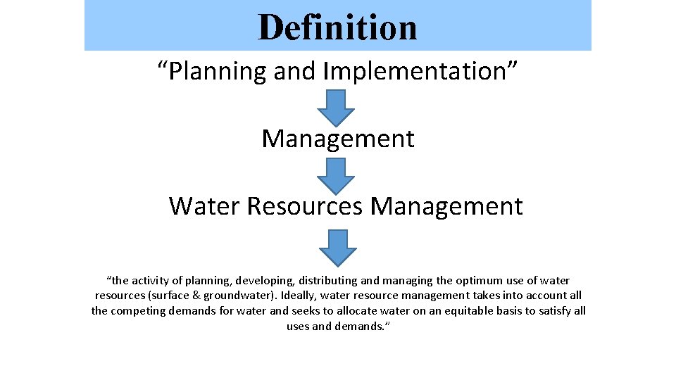 Definition Focus Areas “Planning and Implementation” Management Water Resources Management “the activity of planning,