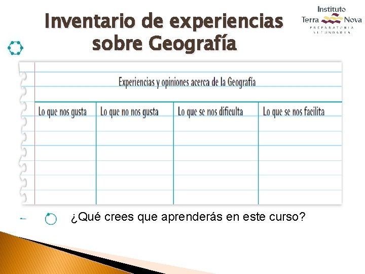 Inventario de experiencias sobre Geografía ¿Qué crees que aprenderás en este curso? 