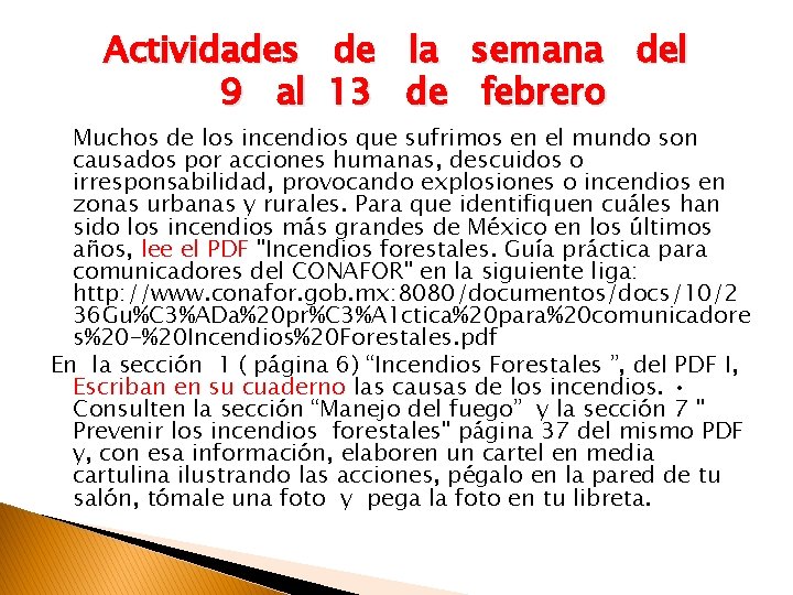 Actividades de la semana del 9 al 13 de febrero Muchos de los incendios