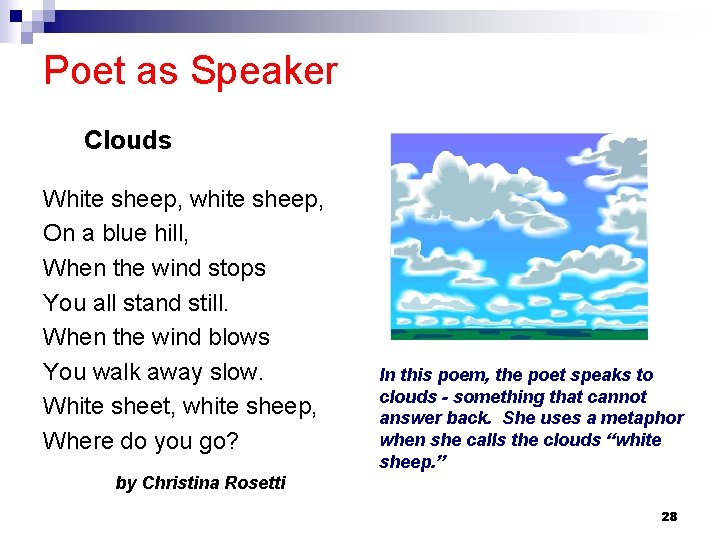 Poet as Speaker Clouds White sheep, white sheep, On a blue hill, When the