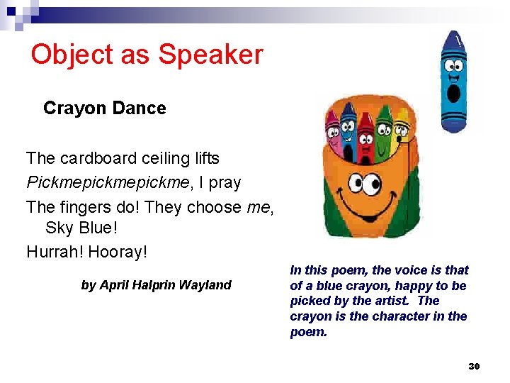 Object as Speaker Crayon Dance The cardboard ceiling lifts Pickmepickme, I pray The fingers