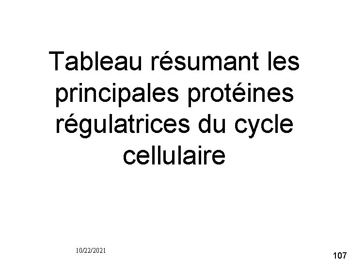 Tableau résumant les principales protéines régulatrices du cycle cellulaire 10/22/2021 107 