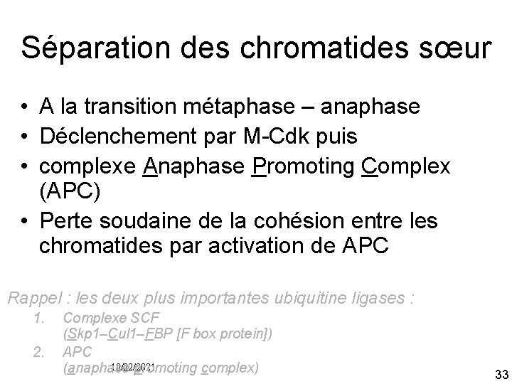 Séparation des chromatides sœur • A la transition métaphase – anaphase • Déclenchement par