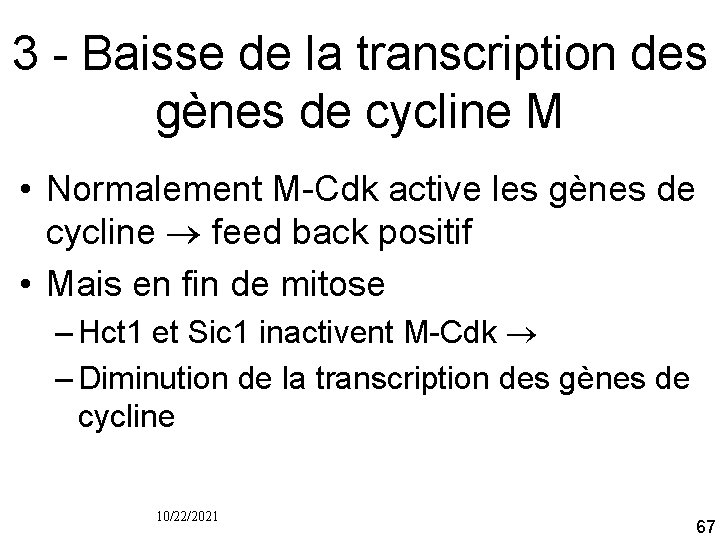 3 Baisse de la transcription des gènes de cycline M • Normalement M Cdk