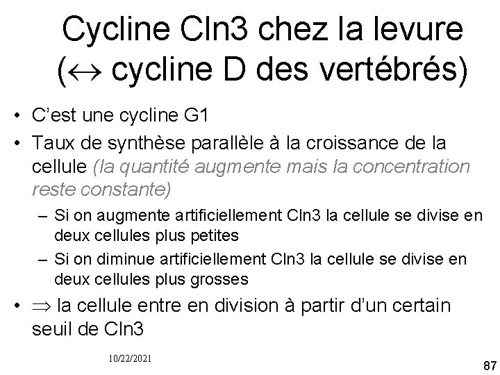 Cycline Cln 3 chez la levure ( cycline D des vertébrés) • C’est une
