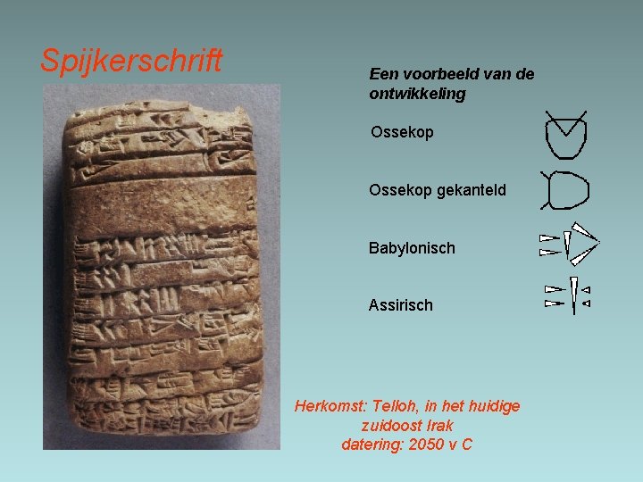 Spijkerschrift Een voorbeeld van de ontwikkeling Ossekop gekanteld Babylonisch Assirisch Herkomst: Telloh, in het