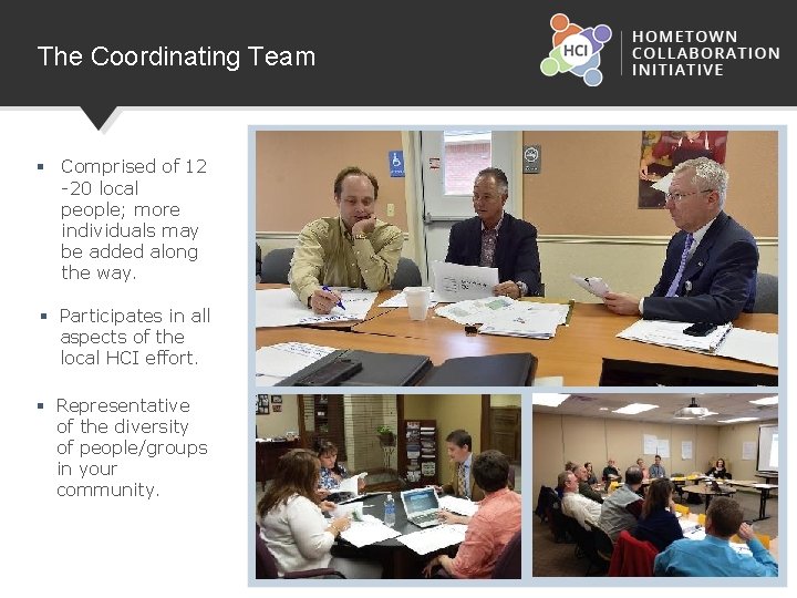 The Coordinating Team § Comprised of 12 -20 local people; more individuals may be