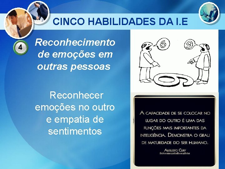 CINCO HABILIDADES DA I. E 4 Reconhecimento de emoções em outras pessoas Reconhecer emoções