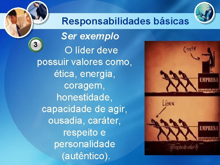 Responsabilidades básicas Ser exemplo 3 O líder deve possuir valores como, ética, energia, coragem,