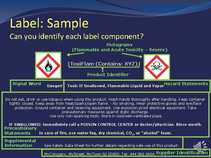 Label: Sample Can you identify each label component? Pictograms (Flammable and Acute Toxicity –