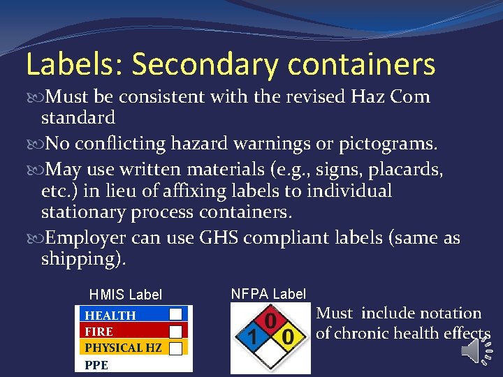 Labels: Secondary containers Must be consistent with the revised Haz Com standard No conflicting