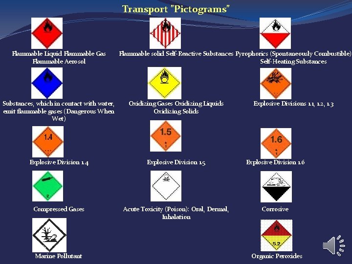 Transport "Pictograms" Flammable Liquid Flammable Gas Flammable Aerosol Flammable solid Self-Reactive Substances Pyrophorics (Spontaneously