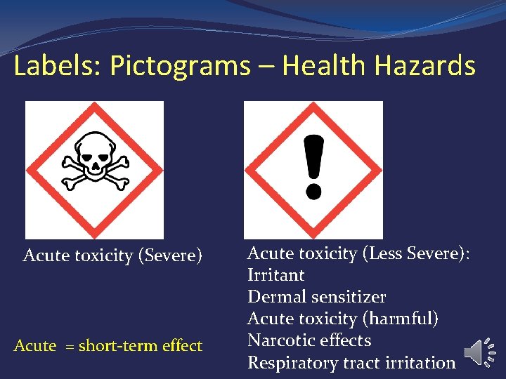 Labels: Pictograms – Health Hazards Acute toxicity (Severe) Acute = short-term effect Acute toxicity