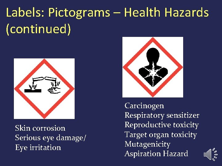 Labels: Pictograms – Health Hazards (continued) Skin corrosion Serious eye damage/ Eye irritation Carcinogen