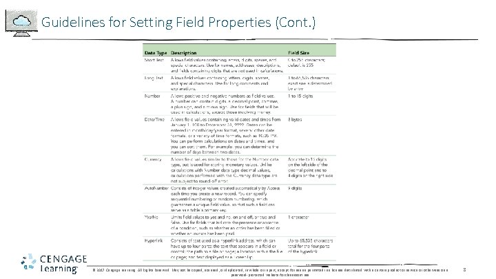 Guidelines for Setting Field Properties (Cont. ) © 2017 Cengage Learning. All Rights Reserved.