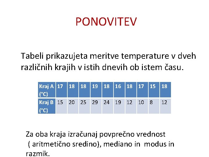 PONOVITEV Tabeli prikazujeta meritve temperature v dveh različnih krajih v istih dnevih ob istem