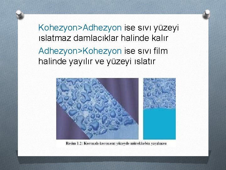 Kohezyon>Adhezyon ise sıvı yüzeyi ıslatmaz damlacıklar halinde kalır Adhezyon>Kohezyon ise sıvı film halinde yayılır