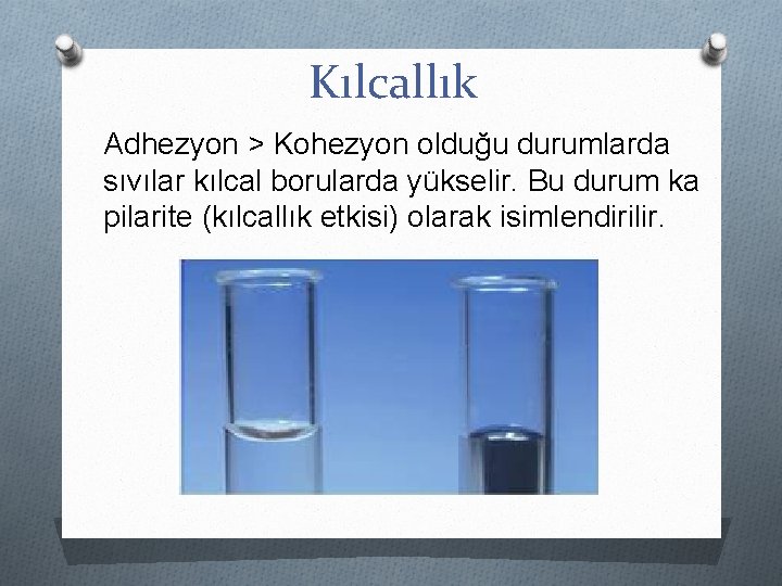 Kılcallık Adhezyon > Kohezyon olduğu durumlarda sıvılar kılcal borularda yükselir. Bu durum ka pilarite