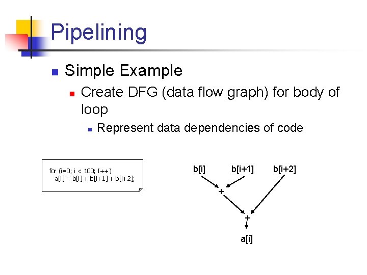 Pipelining n Simple Example n Create DFG (data flow graph) for body of loop