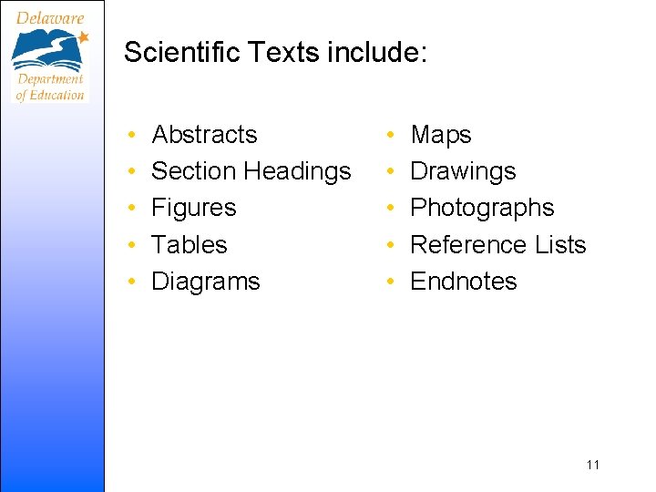 Scientific Texts include: • • • Abstracts Section Headings Figures Tables Diagrams • •