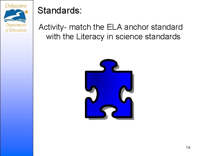 Standards: Activity- match the ELA anchor standard with the Literacy in science standards 14