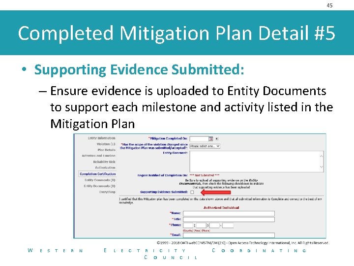45 Completed Mitigation Plan Detail #5 • Supporting Evidence Submitted: – Ensure evidence is
