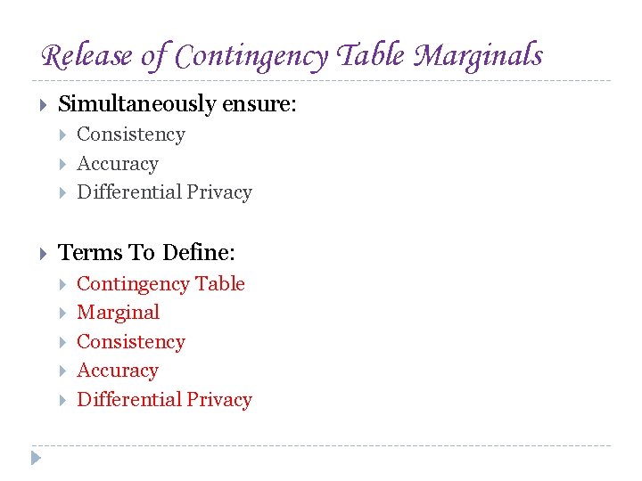 Release of Contingency Table Marginals Simultaneously ensure: Consistency Accuracy Differential Privacy Terms To Define: